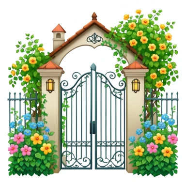 iron fence house entrance with vines, flowers and garden sticker