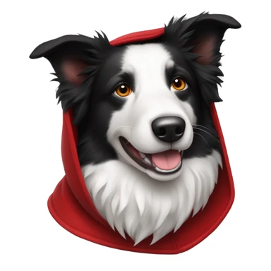 Black and white Border Collie wearing a red velvet hood with white fur trim. sticker