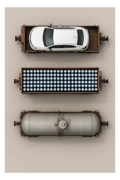 Вид строго сверху (top-down). Реалистичный грузовой поезд из трёх вагонов.
Вагон 1: внутри одна большая белая машина Chevrolet (без логотипов и без каких-либо надписей).
Вагон 2: много одинаковых банок синего цвета, похожих на напиток Pepsi, уложенных плотными рядами, но без логотипов и надписей.
Вагон 3: железнодорожная цистерна для газа, полностью реалистичная, без надписей, без маркировки, без символов.
Ничего не обрезано, весь поезд полностью помещается в кадр сверху. Чистый нейтральный фон, без окружения. Максимальная реалистичность, ровный свет. sticker
