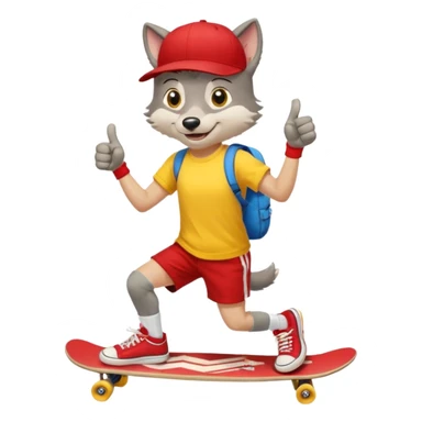 A gray wolf with large, expressive eyes and a friendly smile. The gray wolf is wearing a bright yellow T-shirt, red shorts, white knee socks, and sneakers. The baseball cap is worn backwards. The wolf holds a skateboard in one hand and gives a thumbs-up with the other, a confident and cheerful pose. sticker