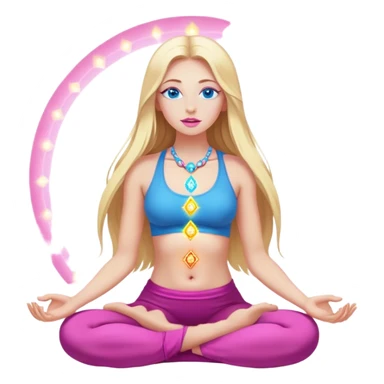 Cinematic realistic blonde with long hair, blue eyes and pink lips meditates, her chakras glow sticker