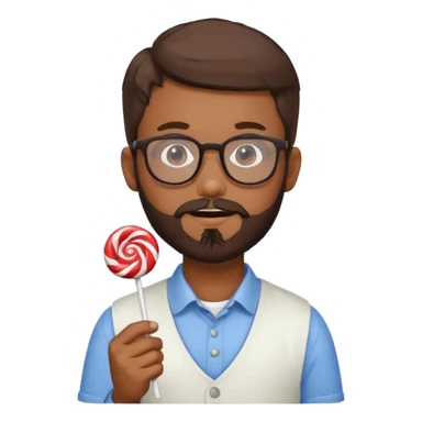 Brown boy with beard and glasses holding candy sticker