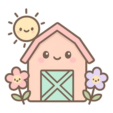 cute kawaii style emoji of a barn with flowers and a sun sticker