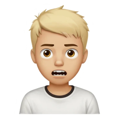 Male Teenager with Short buzz, messy blonde hair, Dark brown bushy eyebrows large expressive golden-brown eyes, wearing a plain white t-shirt, Dark Brown skin color, Confused mouth gape showing teeth sticker