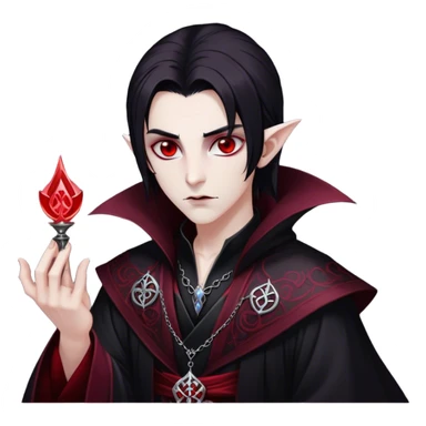 Cinematic Realistic WoW Vampire Mage Portrait, depicted with dark and mysterious elegance, wearing a flowing black robe intricately adorned with arcane silver filigree and esoteric runes. His pallid, almost ethereal skin contrasts with deep crimson, mesmerizing eyes, while his dark, slick hair falls in sleek strands. Rendered with lifelike texture and moody, dramatic lighting, high shine, noble and formidable, capturing the essence of a legendary vampire mage of Azeroth. sticker