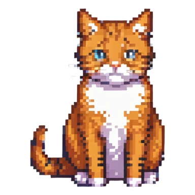 orange cat sitting with black stripes, pixel art style sticker