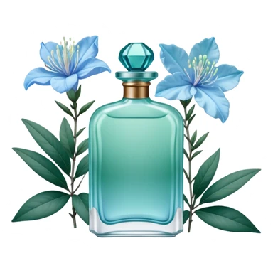 Aesthetic ensemble of soft blue azaleas alongside a charming vintage green perfume bottle.
 sticker