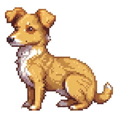medium-sized sandy colored dog with one back leg missing, tail curled up onto its back, attentive upright ears, pixel art style sticker