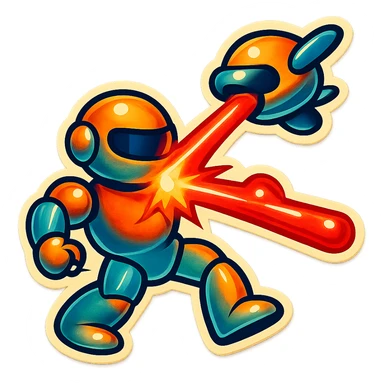 new character...robot being hit with a red beam by a flying robot sticker