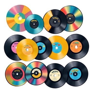 Icon for Vinyl Record Collecting: colorful vinyl records in decorative packaging featuring artist images, neatly arranged on a wall or shelf. The icon should reflect the aesthetic and artistic aspect of collecting vinyl records. Transparent background. sticker