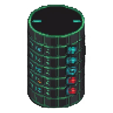 icon representing SQL, database cylinder with code symbols, pixel art style sticker