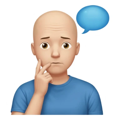 bald man with t-shirt, doubting face, hand on chin looking up, thought bubble sticker
