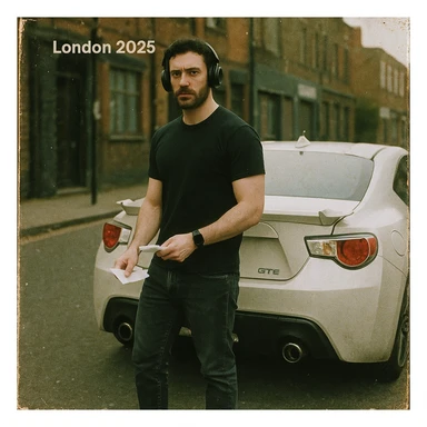 Grunge-style analog photo, London 2025, person inspired by the reference image standing next to a Nissan GT 86, model pose, black t-shirt, jeans, Nike Air Jordan low, using flash, street background, analog grain, 4/8. sticker