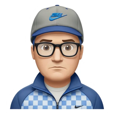 50-year-old heavyset man with very wide face and prominent square jawline. Short straight hair combed to the side, not balding, wearing a black Nike cap. Large dark square glasses. Serious-relaxed expression. Light gray jacket that fits his larger frame, white shirt with blue checkered pattern. sticker