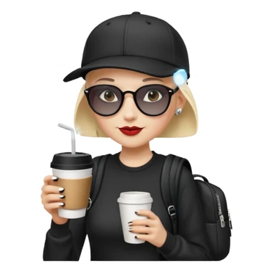 ["A happy woman with light skin, bald, wearing a baseball cap and sunglasses, dressed in goth fashion, is drinking coffee while holding a backpack."] sticker