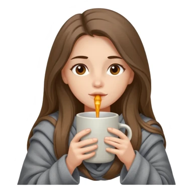 Brown-eyed, fair-skinned girl with long hair down to her shoulders, wrapped in a gray blanket, drinking from a New Year's mug sticker