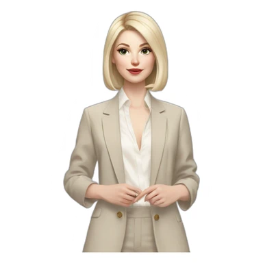 pale skin woman with ash blonde Straightened bob Hair, White Spacious classical jacket, beige palazzo Arrow pants and gray blouse holding a color palettes in the hands sticker