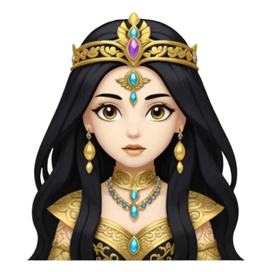 Akasha with white skin, brown eyes, black long hair, gold outfit sticker