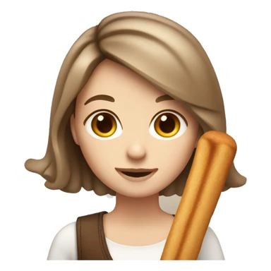 Cute white woman with brown medium length hair holding a churro sticker