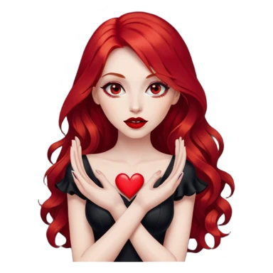 a pretty woman with long red hair and red eyes. The woman wear a black little cutted dress. She have red lipstick and she have a seductive look. She do a heart sign with hand sticker