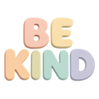 Remove the doodle face from the letters, keep the text 'Be Kind' in soft pastel rainbow puffy bubble letters, kawaii cute style, transparent background, no frame, paper craft style. sticker