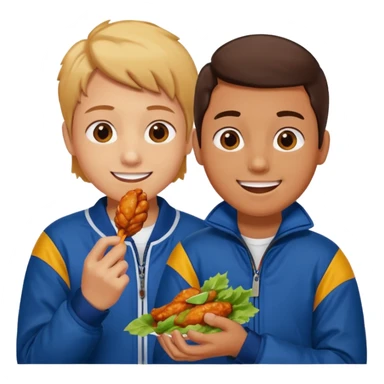 Human eating a chicken wing while watching hockey wearing a jacket with his friend smiling beside him. sticker