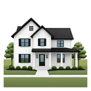 modern farmhouse with white siding, black roof and black trim, exterior view, 3d sticker