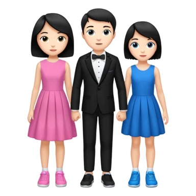 generate a pretty bratz fair skinned boy with short black hair wearing a black tux with blue sneakers with a girl in a pink dress sticker