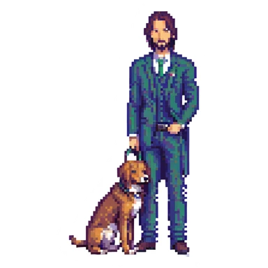 John Wick in pixel art style, holding a dog, simple background, pixelated look sticker