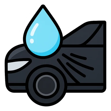 light blue or silver water droplet sliding on glossy black mirror-like paint of a high-end vehicle, main color glossy black, subtle repellent effect with water lines moving away, modern and clean icon sticker
