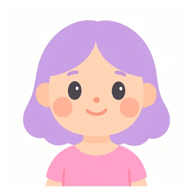 a girl with a cute peachy face, round cheeks, small nose, sweet and innocent look, lavender hair, plain background sticker