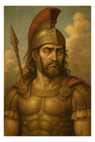 Le dieu Arès, expression blasée, style illustratif, armure grecque, casque, regard ennuyé, ambiance divine, sans texte sticker