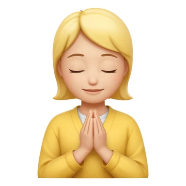 A 3D Apple-style yellow round emoji, calm and patient expression, closed eyes with a gentle smile, hands together in front as if waiting or praying, soft relaxed eyebrows, subtle glow around the head to symbolize patience, clean minimal background sticker
