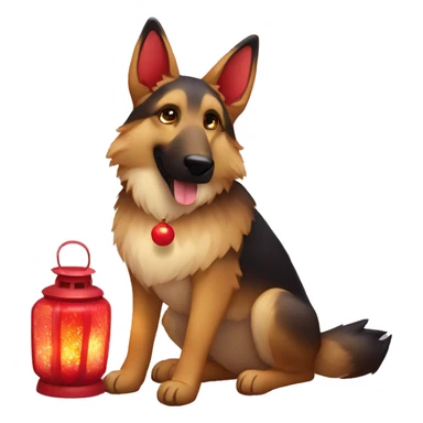 Brindled German shepherd fox carrying glowing red lantern, fairy lights, rose flower crown sticker