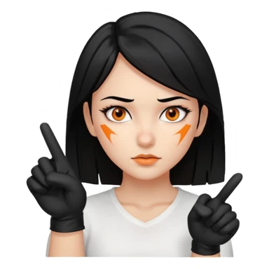 Girl with Black hair , scars on her nose to her left cheeks,orange eyes, withe shirt, pointing at you , with black gloves  sticker