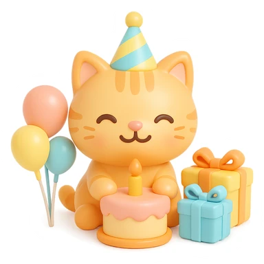 ginger tabby kitten celebrating birthday, wearing a birthday hat, with birthday cake, balloons, happy expression, and gifts sticker
