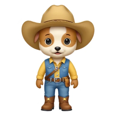 a very cute and adorable anthropomorphic puppy with a cowboy hat ,yellow shirt and blue jeans and brown boots is walking  sticker