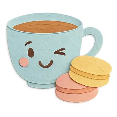 coffee cup with macarons, all winking, soft pastel colors, hand-drawn style sticker
