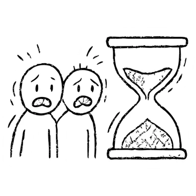 ultra-minimalist hand-drawn outlined icon of two figures, trembling clock or hourglass, extremely worn and eroded texture, anxious and stressed expressions, sense of terror sticker