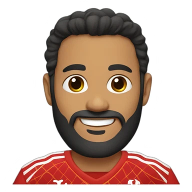 Man with long black beard wearing Moroccan jersey and smiling sticker