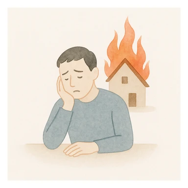 a man sits sadly at a table, a house is burning behind him, painterly expressive style sticker
