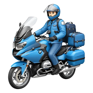 blue BMW R 1200 RT touring motorcycle with rider and luggage panniers sticker