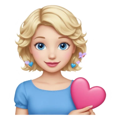 Girl Blonde short wavy hair,  blue eyes, cute blue top, long lashes, pink lips, smiling, holding hearts sticker