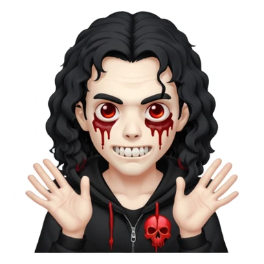 Vampire wearing a black hoodie with a skull logo on it, long curly hair that covers the forehead, fanged teeth and blood on hands sticker