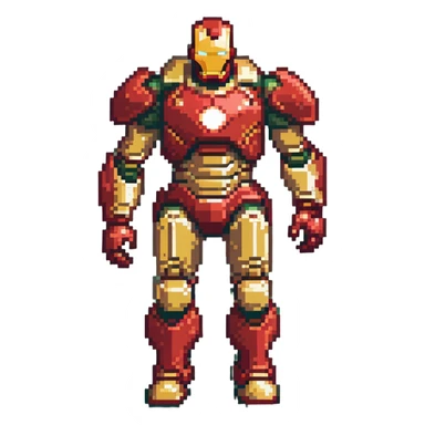 Hulkbuster armor, massive red and gold Iron Man suit designed to fight Hulk, bulky armored exoskeleton, retro video game style sticker