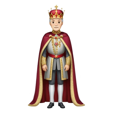 Full body of elderly, thin Carlos I of Spain with brown hair, Habsburg king standing in royal attire with crown, cape, and prominent jaw sticker
