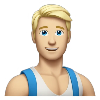 white blonde man with blue eyes and tanktop points his hand upwards sticker