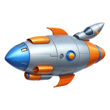 Spaceship with a large rounded belly in the middle, rocket boosters, personified with a happy face sticker
