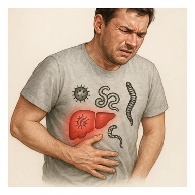 realistic medical illustration of a man with a painful expression, holding his side where the liver is located, with stylized symbols or drawings of parasites near the liver area, educational and respectful tone, Italian label sticker