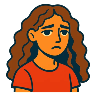 vibrant illustration of a girl with long curly brown hair (not too dark), intense dark brown eyes, clear skin (neither pale nor tan), mole on right cheek, sad expression sticker